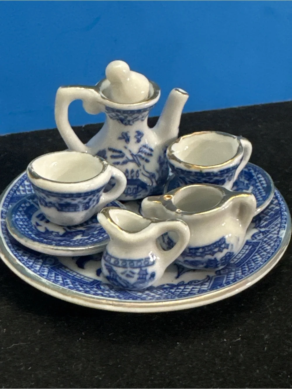 10pc Lot Miniature Mini Blue/White Gilded Porcelain TEA SET Teapot Sugar Creamer